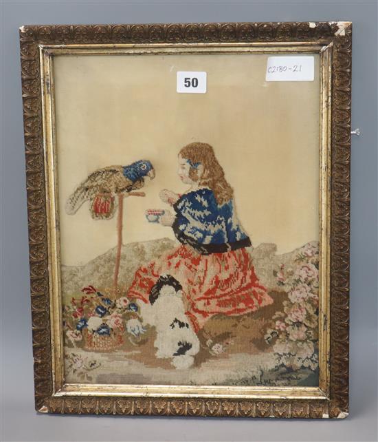 A Victorian needlework panel of a girl feeding a parrot